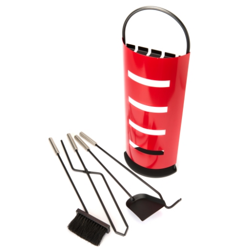 Red 5-Piece Fireplace Companion Set Stainless Steel Handle 56 cm.  Elegant fireplace companion set in powder-coated red finish with an eye-catching look at The Stove House Ltd. West Sussex.