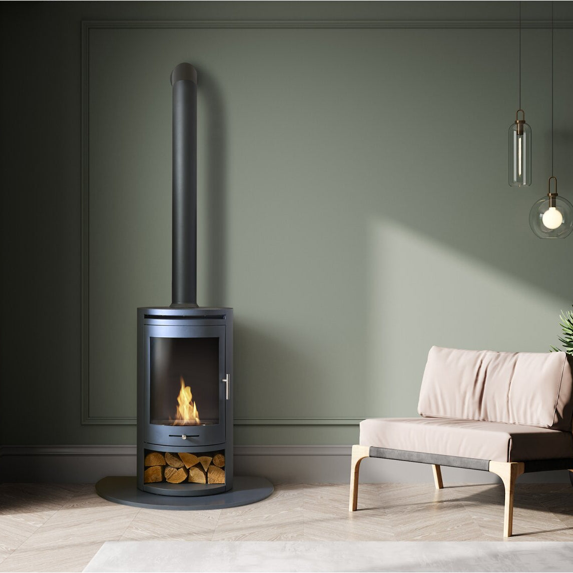 S5 BIOETHANOL STOVE BUNDLE;  A cylindrical metal chamber to house bioethanol fuel to light and produce heat and to give a feeling of warmth and comfort. LOG STORE, FLUE AND GRANITE HEARTH Modern Stove, eco friendly, burns clean, real flames & heat but no chimney needed, Lowest prices