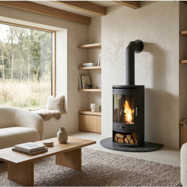 A oko S5 bio ethanol stove with a visible fire, set in a modern, minimalist living room with beige walls, wooden shelves, and a large window showing a forest view.