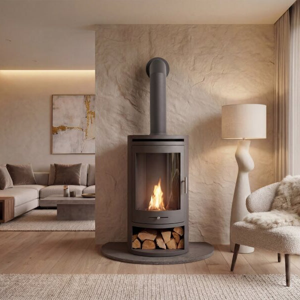 A oko S5 bio ethanol stove with a visible fire, set in a modern, minimalist living room with beige walls, a tall metal flue pipe n a semi circular hearth