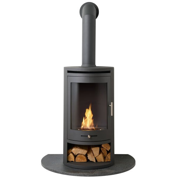 A oko S5 bio ethanol  modern circular stove with a visible fire, a tall metal flue pipe on top and the stove is standing on on a semi circular hearth floor plate