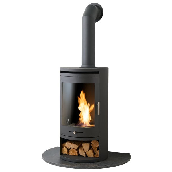 A oko S5 bio ethanol stove with a visible fire, a tall metal flue pipe on a semi circular hearth