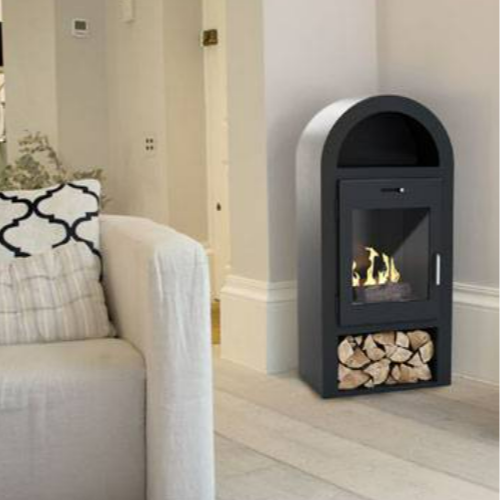 Imagin Fires Salcombe Black Bioethanol Stove with Warming Shelf & Log Storage with  No Flue Required at The Stove House Ltd. West Sussex.