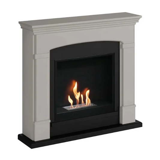 Helmi Bioethanol Fireplace Suite - Beige. Crafted from MDF with a classic beige finish, the Helmi fireplace is equipped with a bioethanol burner with a capacity of 2 litres, providing up to 5-6 hours of burn time and a heat output of up to 3 kW, at The Stove House Ltd. West Sussex.