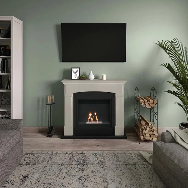 Helmi Bioethanol Fireplace Suite - Beige. Crafted from MDF with a classic beige finish, the Helmi fireplace is equipped with a bioethanol burner with a capacity of 2 litres, providing up to 5-6 hours of burn time and a heat output of up to 3 kW, at The Stove House Ltd. West Sussex.