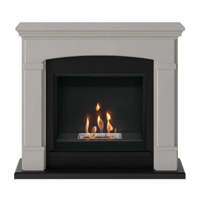 Helmi Bioethanol Fireplace Suite - Beige. Crafted from MDF with a classic beige finish, the Helmi fireplace is equipped with a bioethanol burner with a capacity of 2 litres, providing up to 5-6 hours of burn time and a heat output of up to 3 kW, at The Stove House Ltd. West Sussex.