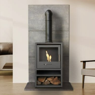 OKO Adam Tall Angled Decorative Stove Pipe in Black for electric and OKO bioethanol stoves. Finishes the look of a real installed woodburner.