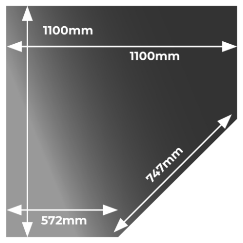 Smoked Corner Angle Glass Hearth - 1100 mm x 1100 mm x 12 mm. Constructed in tempered clear glass for wood and bioethanol stoves at The Stove House Ltd. West Sussex