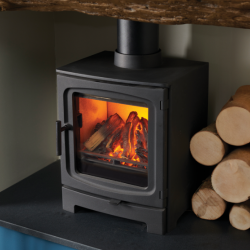 Solution SLE25i Rechargeable Stove Illumination Insert. A USB-powered compact log effect insert, designed to fit into a wood-burning stove at The Stove House Ltd. West Sussex.