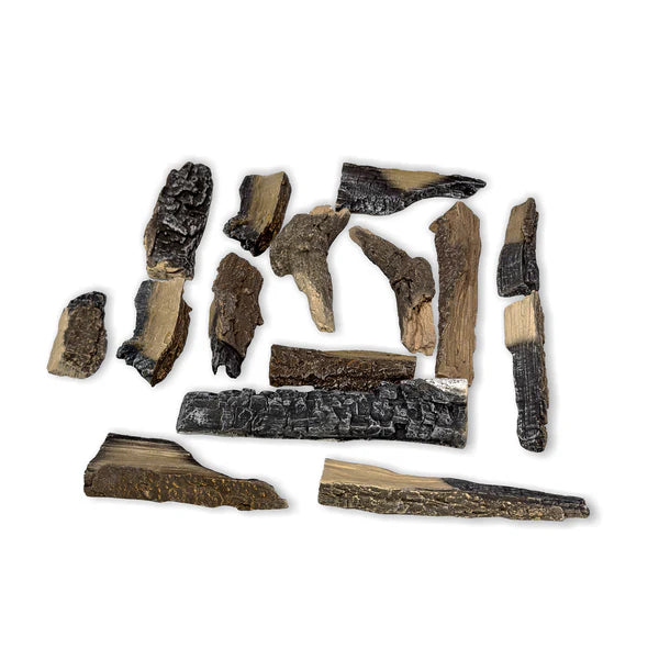 A laid out set of bioethanol luxury painted ceramic firewood on a white background