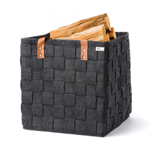 Storage Felt Firewood Basket 40 cm x 40 cm x 40 cm.  A highly decorative firewood basket in enduring grey felt for log storage at The Stove House Ltd. West Sussex.