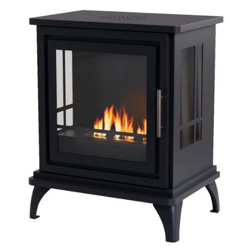 The Nashville Freestanding Bioethanol Stove. A medium-sized, freestanding bioethanol fireplace designed to resemble a classic wood-burning stove, providing up to 6 hours of burn time, at The Stove House Ltd. West Sussex.