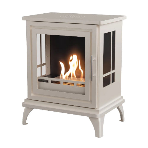 The Nashville Freestanding Bioethanol Stove. A medium-sized, freestanding bioethanol fireplace designed to resemble a classic wood-burning stove, providing up to 6 hours of burn time, at The Stove House Ltd. West Sussex.