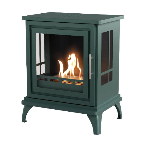The Nashville Freestanding Bioethanol Stove. A medium-sized, freestanding bioethanol fireplace designed to resemble a classic wood-burning stove, providing up to 6 hours of burn time, at The Stove House Ltd. West Sussex.