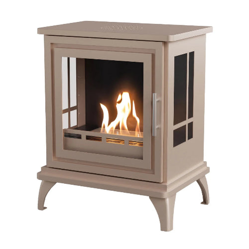 The Nashville Freestanding Bioethanol Stove. A medium-sized, freestanding bioethanol fireplace designed to resemble a classic wood-burning stove, providing up to 6 hours of burn time, at The Stove House Ltd. West Sussex.