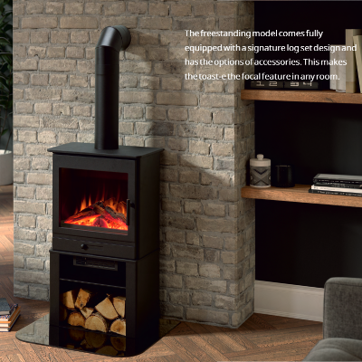 The Toast-e freestanding electric stove features advanced 3D LED holographic projection for modern homes and living, and inset can be controlled with the Smartphone App at The Stove House Ltd. West Sussex.