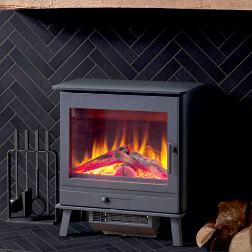 The Toast-e freestanding electric stove features advanced 3D LED holographic projection for modern homes and living, and inset can be controlled with the Smartphone App at The Stove House Ltd. West Sussex.