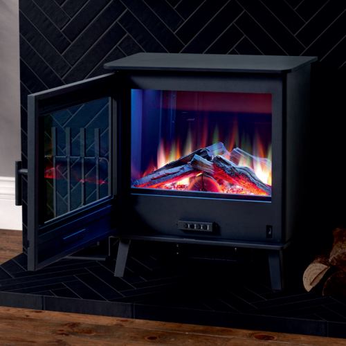 The Toast-e freestanding electric stove features advanced 3D LED holographic projection for modern homes and living, and inset can be controlled with the Smartphone App at The Stove House Ltd. West Sussex.