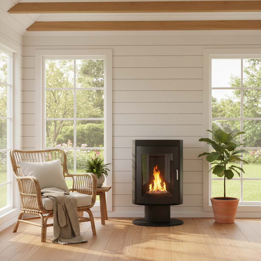 Trenton bioethanol stove in a summer house setting showing a warm cosy ambience