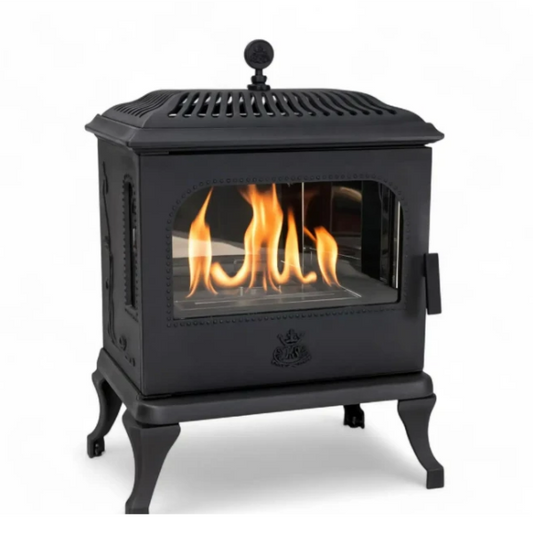 Victoria 85 Freestanding Cast Iron Bioethanol Stove. An elegant freestanding bioethanol fireplace with a 3-sided view of panoramic flames without the need for a chimney, at The Stove House Ltd. West Sussex.