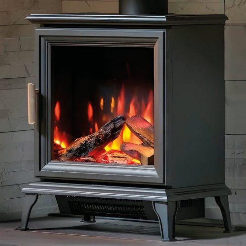 Ravel 400C Contemporary Freestanding Electric Stove. Features a large glass viewing window showcasing a lifelike LED flame effect and realistic log fuel bed at The Stove House Ltd. West Sussex
