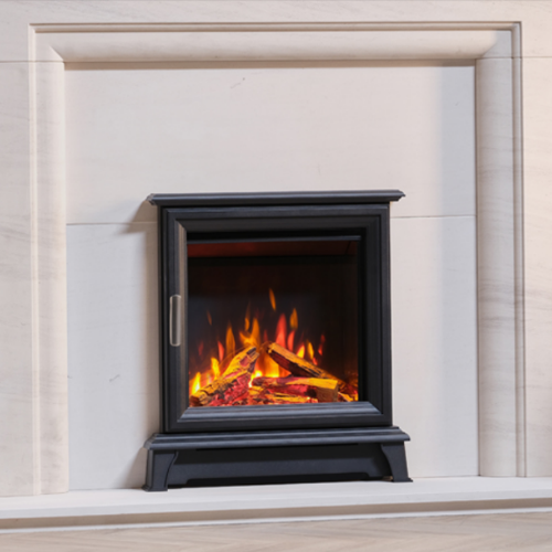 Wildfire Ravel 400E Insert Electric Stove. Features a large glass viewing window showcasing a lifelike LED flame effect and realistic log fuel bed at The Stove House Ltd. West Sussex