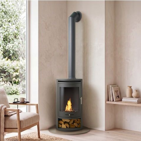 Oko S5 with Teardrop Hearth in Lava Stone and Extra tall Angled Metal Pipe