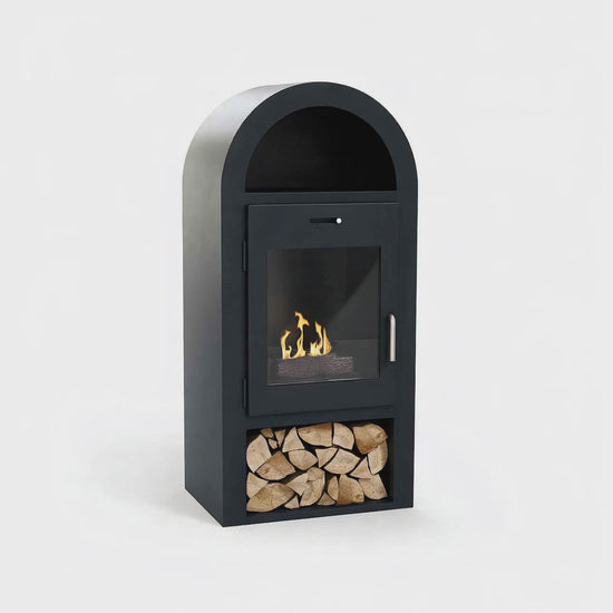 Imagin Fires Salcombe Black Bioethanol Stove with Warming Shelf & Log Storage with  No Flue Required at The Stove House Ltd. West Sussex.