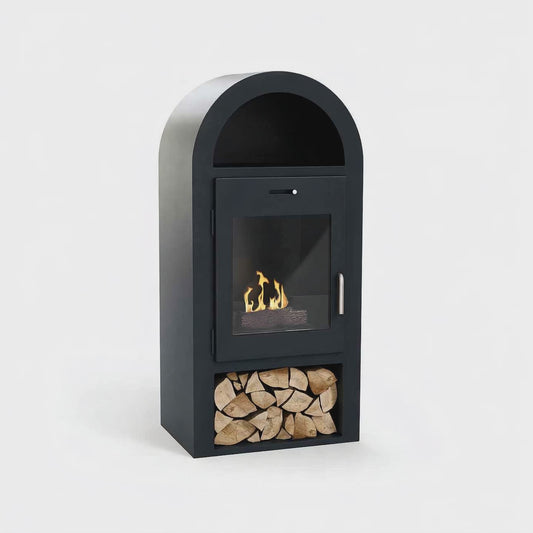 Imagin Fires Salcombe Black Bioethanol Stove with Warming Shelf & Log Storage with  No Flue Required at The Stove House Ltd. West Sussex.