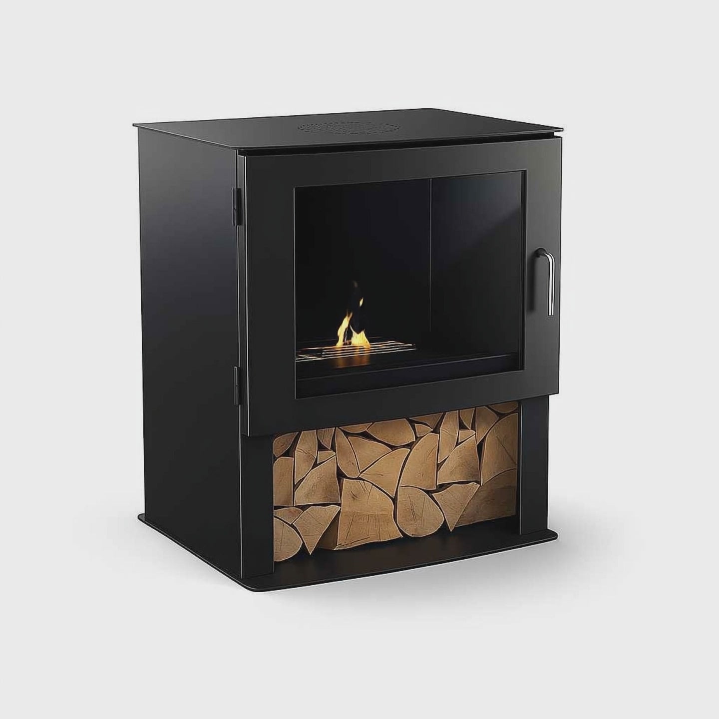 Ledbury Bioethanol Stove. A large bioethanol stove with a log store that does not need a chimney at The Stove House Ltd. West Sussex