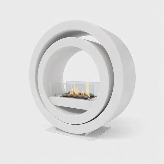 Imagin Fires Globus White Bioethanol Fire.  A Freestanding bioethanol fire with a gorgeous contemporary circular design and no flue required at The Stove House Ltd. West Sussex.