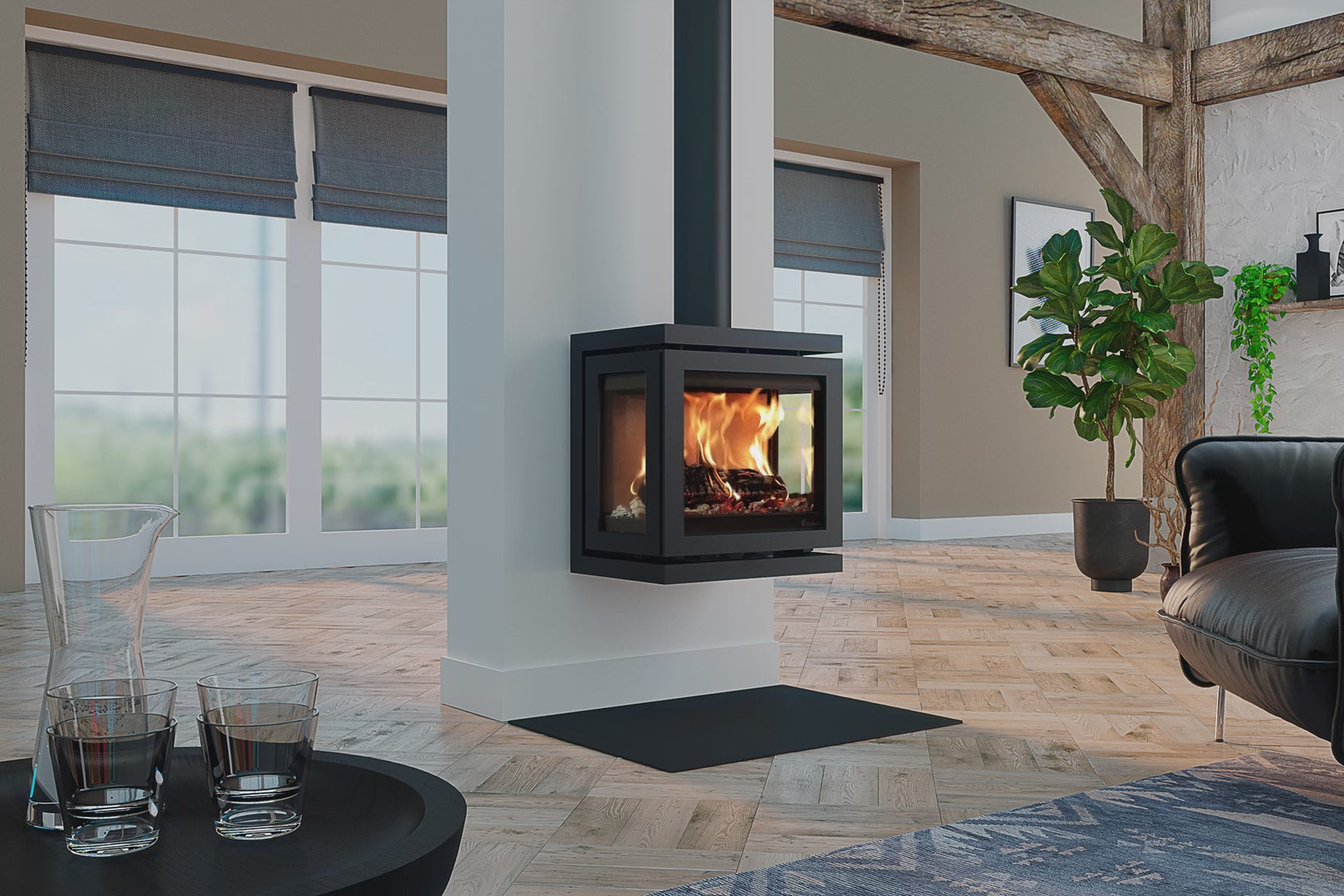 Dik Geurts Vidar Triple - Small. A 3-Sided 4.9kW Eco Design Ready Wood Stove at The Stove House Ltd. West Sussex