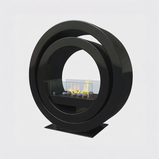 Imagin Fires Globus Black Bioethanol Fire.  A Freestanding bioethanol fire with a gorgeous contemporary circular design and no flue required at The Stove House Ltd. West Sussex.