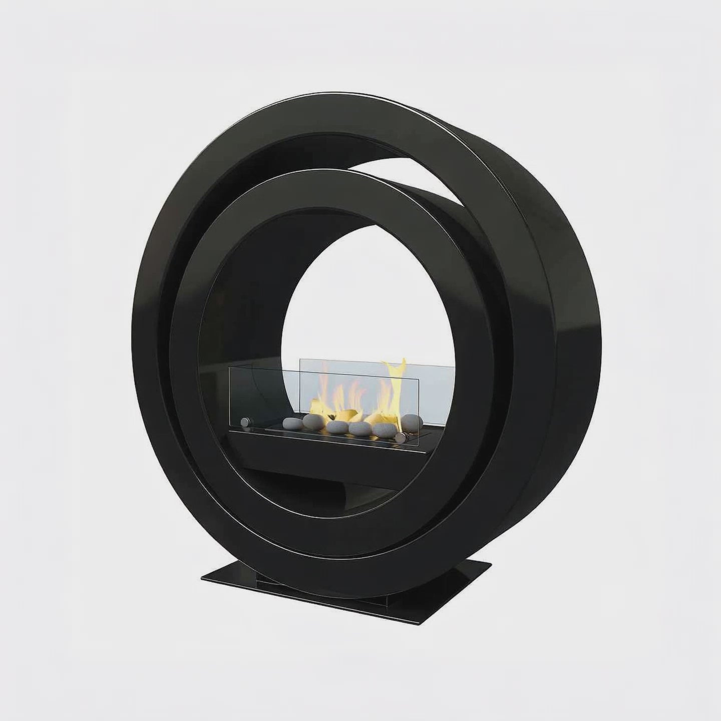 Imagin Fires Globus Black Bioethanol Fire.  A Freestanding bioethanol fire with a gorgeous contemporary circular design and no flue required at The Stove House Ltd. West Sussex.
