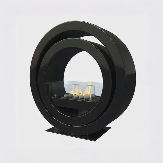 Imagin Fires Globus Black Bioethanol Fire.  A Freestanding bioethanol fire with a gorgeous contemporary circular design and no flue required at The Stove House Ltd. West Sussex.