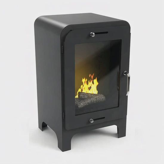 Imagin Fires Moritz small contemporary bioethanol stove in grey finish. No flue required at The Stove House Ltd. West Sussex.
