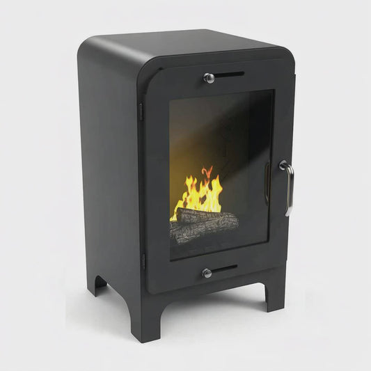 Imagin Fires Moritz small contemporary bioethanol stove in grey finish. No flue required at The Stove House Ltd. West Sussex.