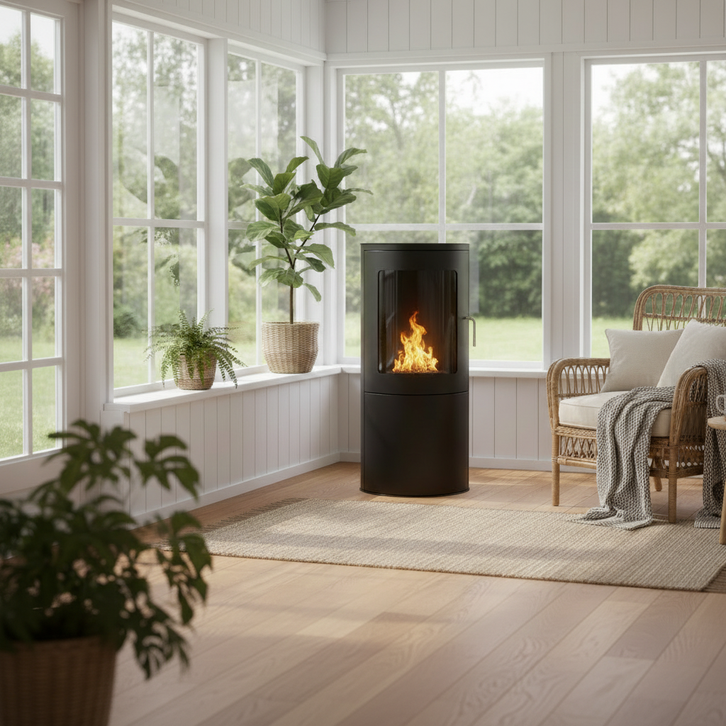 Richmond Bioethanol Stove shown in a lovely summer room with golden flames creating a feeling of warmth and ambience