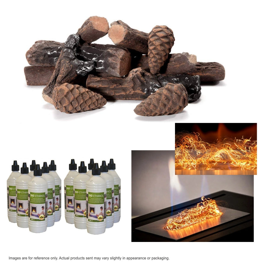 Collage of gas artificial firewood, bioethanol fuel bottles, and metal threads illuminated by flames on a white background