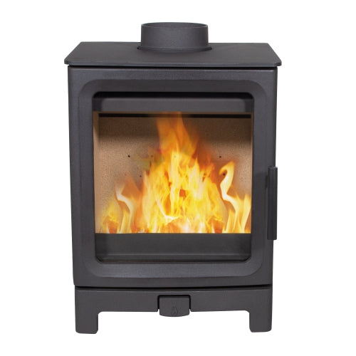 Mi-Fires Medium FireCracker 5kW Wood Stove. ECODesign 2022, Smoke Control Area Exempt, 85.1% Efficient, A+ Energy Rating at The Stove House Ltd. West Sussex