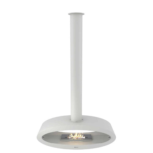 Henley Budapest Bioethanol Stove - White. Mounted from the ceiling with the feeling of a bio fireplace that floats in mid-air. The epitome of contemporary elegance at The Stove House Ltd. West Sussex.