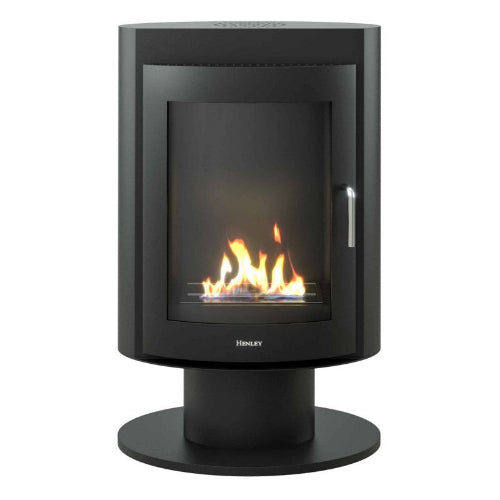 Henley Madrid Bioethanol Stove. A curved design with a pedestal in a black graphite satin finish makes this model modern yet classic at The Stove House Ltd. West Sussex.