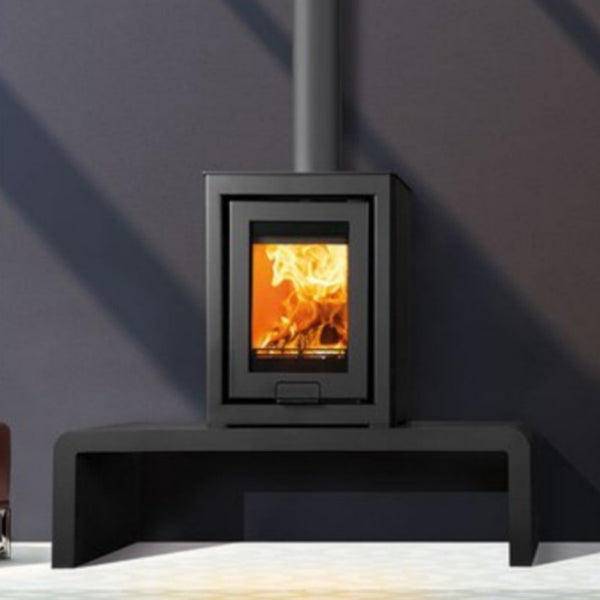 Parkray Aspect Eco Bench. A bench for raising a stove and storing logs beneath at The Stove House Ltd. West Sussex.