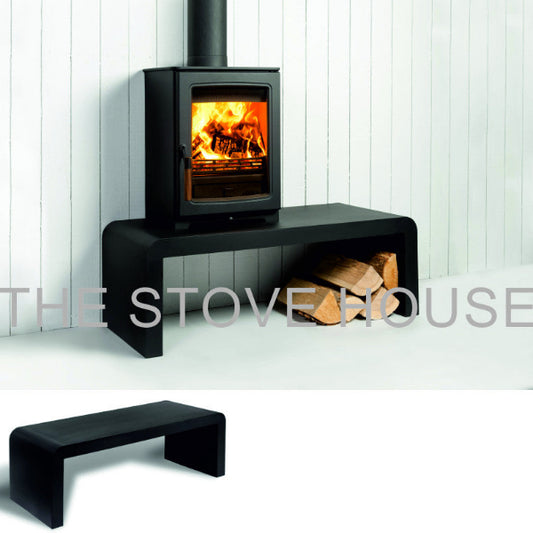 Parkray Aspect Eco Bench. A bench for raising a stove and storing logs beneath at The Stove House Ltd. West Sussex.