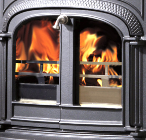 vermont-castings-Encore-2-in-1-cast-iron-stove-encore-defiant-from-our-showroom-between-chichester-haslemere-classic-fine-cast-iron-elegant-classic-woodburners-available-in-black-or-bordeaux-enamel-deep-red-ox-blood-lattice-shelves-avail